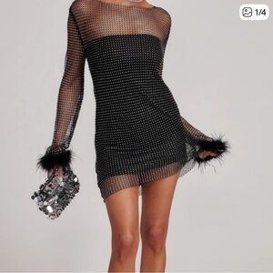 Elegant Black Rhinestone Mesh Dress with Feather Cuffs